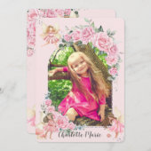 ピンクフローラバラフェアリーズアーチ誕生日フォトインヴィ 招待状 (正面/裏面)