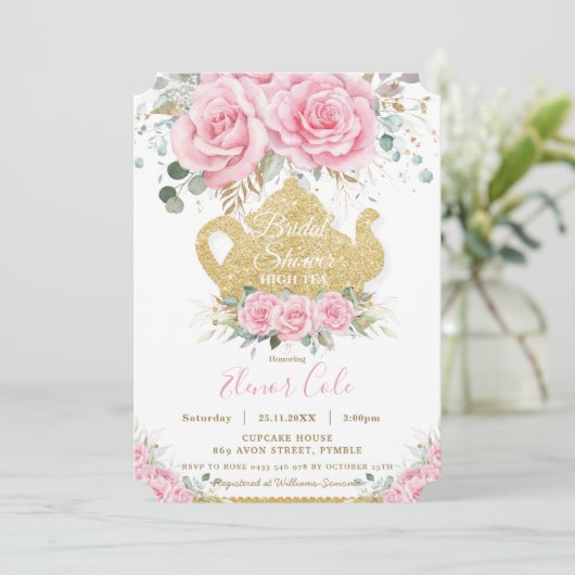 ピンクフローラバラブライダルシャワーハイティーパーティー 招待状 (スタンド正面)