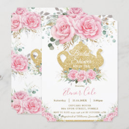 ピンクフローラバラブライダルシャワーハイティーパーティー 招待状