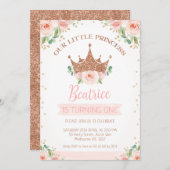 ピンクフローラバラプリンセスクラウン1st誕生日 招待状 (正面/裏面)