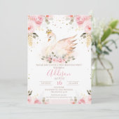 ピンクフローラバラプリンセススワン誕生日招待状 招待状 (スタンド正面)