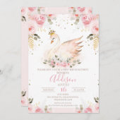 ピンクフローラバラプリンセススワン誕生日招待状 招待状 (正面/裏面)