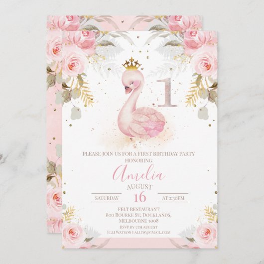 ピンクフローラバラプリンセススワン1st誕生日 招待状 (正面/裏面)