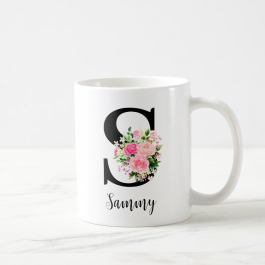 ピンクフローラバラモノグラム名 コーヒーマグカップ (右)
