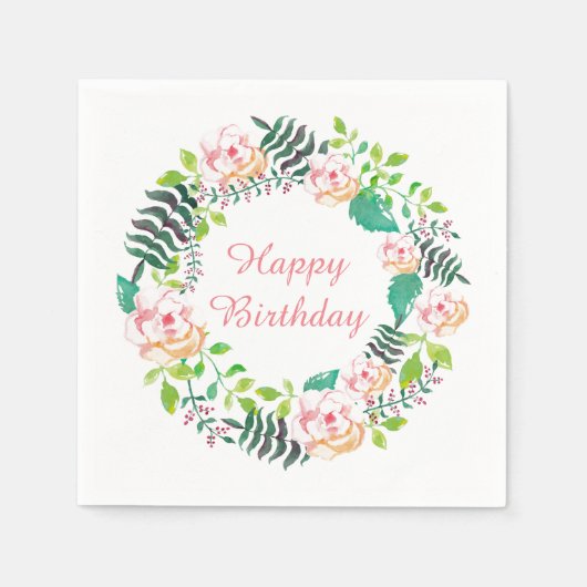 ピンクフローラバラリースハッピーバースデー スタンダードカクテルナプキン (正面)