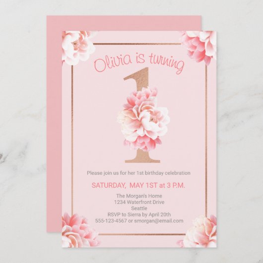 ピンクフローラバラ金ゴールドガールの最初の誕生日パーティー 招待状 (正面/裏面)