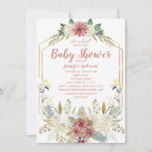 ピンクフローラバラ金ゴールドグリッターガールベビーシャワー 招待状 (正面)