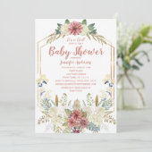 ピンクフローラバラ金ゴールドグリッターガールベビーシャワー 招待状 (スタンド正面)