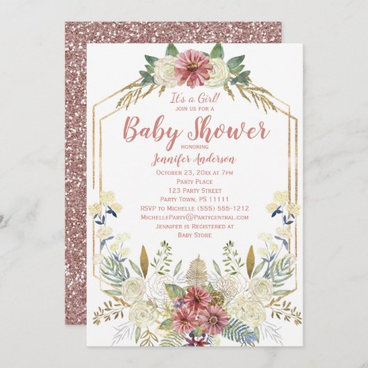 ピンクフローラバラ金ゴールドグリッターガールベビーシャワー 招待状 (正面/裏面)