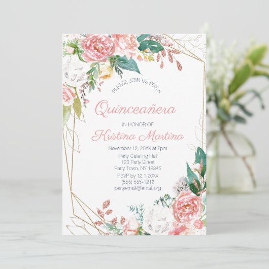 ピンクフローラバラ金ゴールドグリッターキンセアニェラ誕生日 招待状 (スタンド正面)