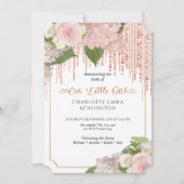 ピンクフローラバラ金ゴールドグリッターベビーガールスプリンクル 招待状 (正面)