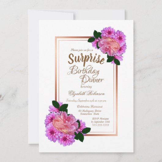 ピンクフローラバラ金ゴールドサプライズ誕生日ディナー 招待状 (正面)