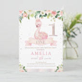 ピンクフローラバラ金ゴールドスワン1st誕生日招待状 招待状 (スタンド正面)