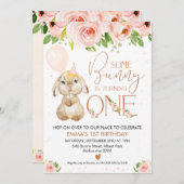ピンクフローラバラ金ゴールドバニー1歳の誕生日 招待状 (正面/裏面)