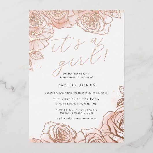 ピンクフローラバラ金ゴールド女の子ベビーシャワー 箔招待状 (正面)