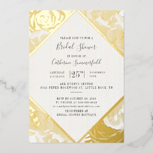 ピンクフローラバラ金ゴールド幾何学的ブライダルシャワー金ゴールド 箔招待状 (正面)