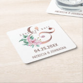 ピンクフローラバラ金ゴールド救アパサンド結婚日付 スクエアペーパーコースター (アングル)