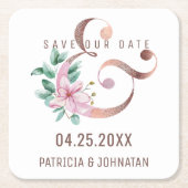 ピンクフローラバラ金ゴールド救アパサンド結婚日付 スクエアペーパーコースター (正面)