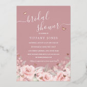 ピンクフローラバラ金ゴールド蝶ブライダルシャワー 箔招待状 (正面)