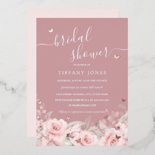 ピンクフローラバラ金ゴールド蝶ブライダルシャワー 箔招待状 (正面/裏面)