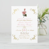 ピンクフローラバラ&金ゴールドコーナーズスウィート16パーティー 招待状 (スタンド正面)