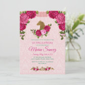 ピンクフローラバラ&金ゴールドホースキンセアニェラ誕生日 招待状 (スタンド正面)