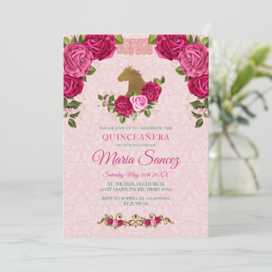 ピンクフローラバラ&金ゴールドホースキンセアニェラ誕生日 招待状 (スタンド正面)