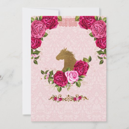 ピンクフローラバラ&金ゴールドホースキンセアニェラ誕生日 招待状 (裏面)