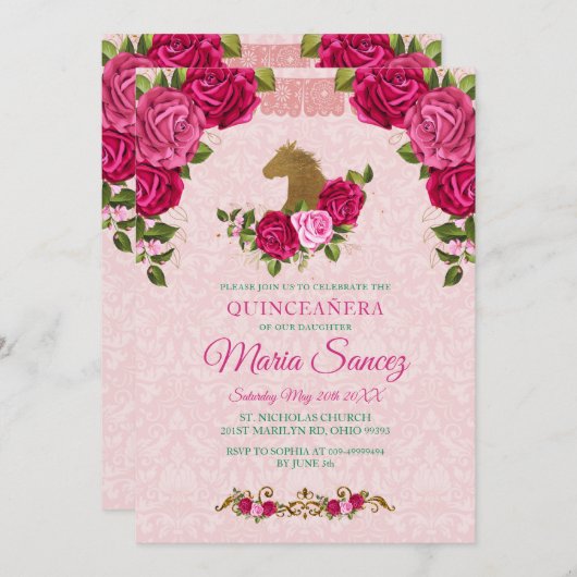 ピンクフローラバラ&金ゴールドホースキンセアニェラ誕生日 招待状 (正面/裏面)