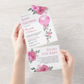 ピンクフローラバルーンガールベビーシャワー オールインワン招待状 (貼ってはがせる)