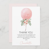 ピンクフローラバルーン最初の誕生日サンキューカード 招待状 (正面/裏面)