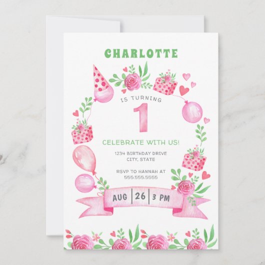 ピンクフローラバルーン1番目の第1誕生日招待状 招待状 (正面)