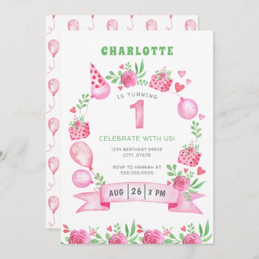 ピンクフローラバルーン1番目の第1誕生日招待状 招待状 (正面/裏面)