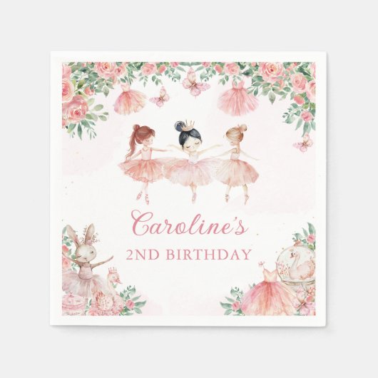 ピンクフローラバレエバレリーナ誕生日ナプキンス スタンダードカクテルナプキン (正面)