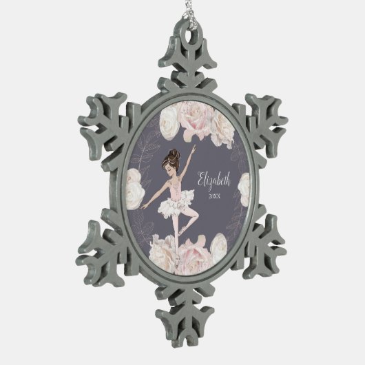 ピンクフローラバレリナブラウンヘアガールパーソナライズされた スノーフレークピューターオーナメント (左)