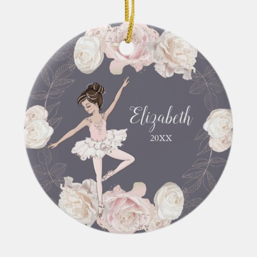ピンクフローラバレリーナブラウンヘアガールパーソナライズされた セラミックオーナメント (正面)