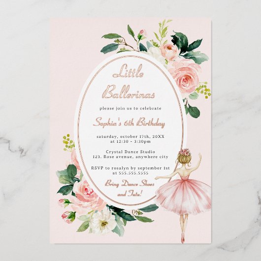 ピンクフローラバレリーナ子供の誕生日 箔招待状 (正面)