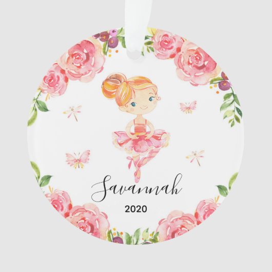 ピンクフローラバレリーナ&バタフライガールズクリスマス オーナメント (正面)