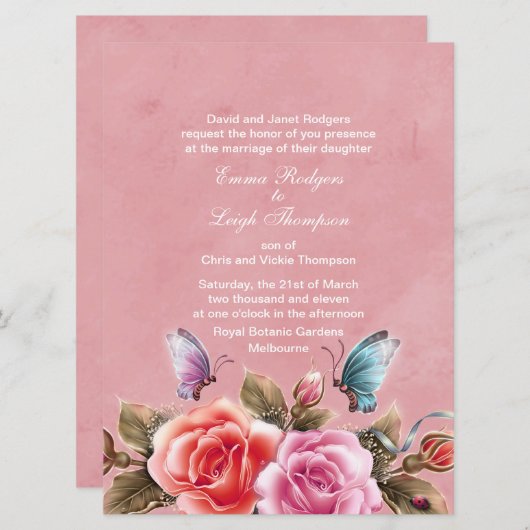 ピンクフローラバースト結婚式招待状 招待状 (正面/裏面)