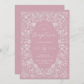 ピンクフローラバーディベビーバプテスマ招待状 招待状 (正面/裏面)