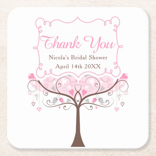 ピンクフローラバードブライダルシャワーありがとう スクエアペーパーコースター (正面)