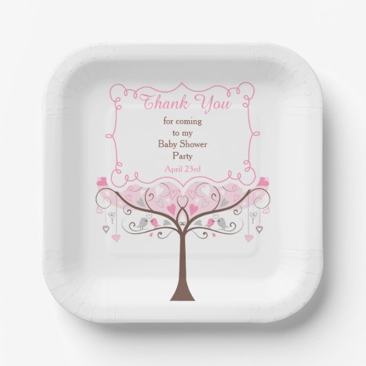ピンクフローラバードベビーシャワーありがとう ペーパープレート (正面)