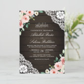 ピンクフローラバーンウッドレースQRコードムスリム結婚ズ 招待状 (スタンド正面)