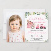 ピンクフローラバーントラクタファームフォト誕生日 招待状 (正面)