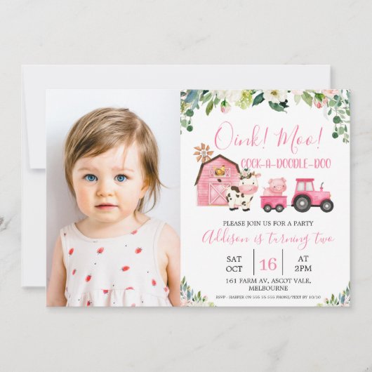 ピンクフローラバーントラクタファームフォト誕生日 招待状 (正面)