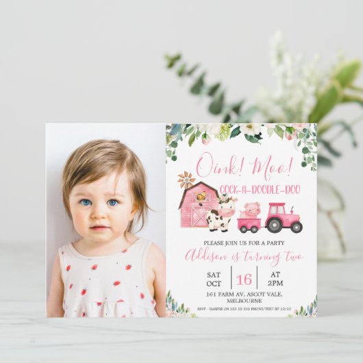 ピンクフローラバーントラクタファームフォト誕生日 招待状 (スタンド正面)