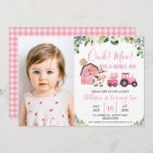 ピンクフローラバーントラクタファームフォト誕生日 招待状 (正面/裏面)