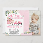 ピンクフローラバーントラクターファーム1st誕生日 招待状 (正面)