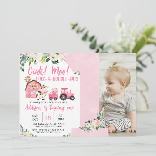 ピンクフローラバーントラクターファーム1st誕生日 招待状 (スタンド正面)