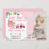 ピンクフローラバーントラクターファーム1st誕生日 招待状 (正面/裏面)